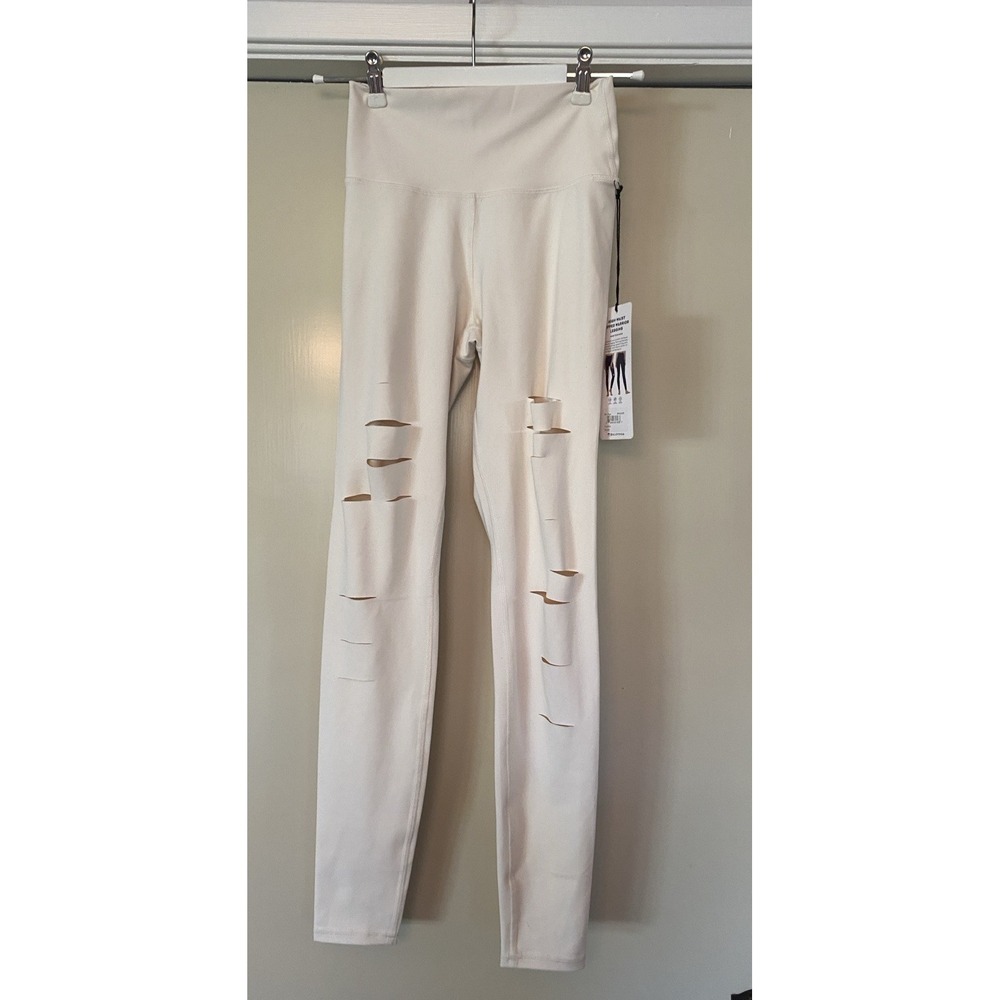 Alo Yoga High Waist Ripped Warrior Legging Gravel Size‎ Small Pristine Ivory New